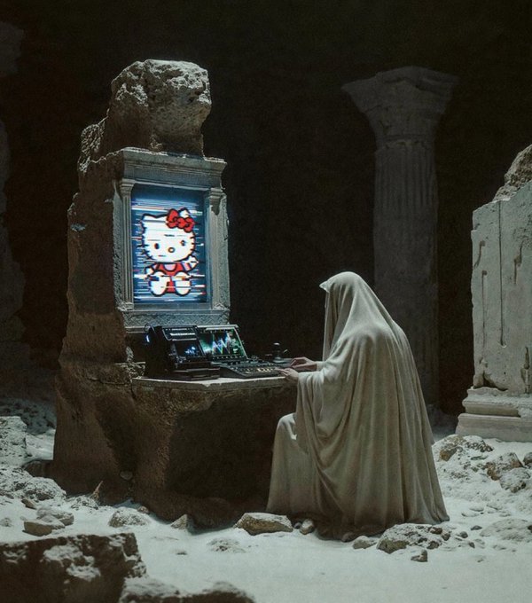 A cloaked figure kneels at an ancient shrine in a ruined, sandy temple, bowing before a glowing image of Hello Kitty displayed on a stone altar with a laptop. The image humorously portrays cat-themed meme coins as a divine, almost religious power—visually reinforcing the post's claim that cat coins have a supernatural, "100 billion dollar magnet" protecting them, far surpassing dog memes in value.