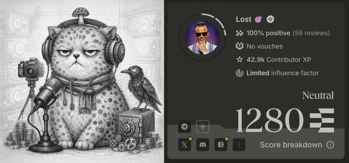 A score breakdown card for user 'Lost' showing 100% positive reviews (59 reviews), 42.9k Contributor XP, 'Neutral' sentiment rating of 1280, alongside an illustration of a grumpy cat with headphones and a raven.