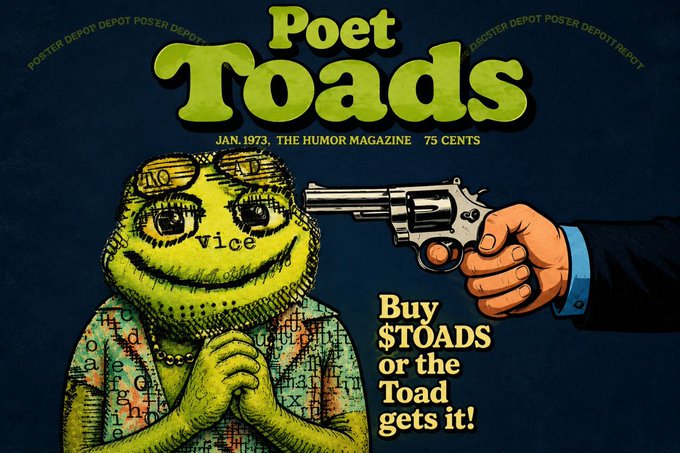 A satirical magazine cover for 'Poet Toads' from January 1973 titled 'The Humor Magazine' shows a toad with a gun pointed at it, with text reading 'Buy $TOADS or the Toad gets it!'
