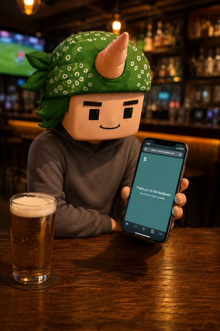 A whimsical scene of a person wearing a green dragon-horned cartoon mascot head covering, sitting at a bar with a beer and holding a smartphone displaying '5 - Thank you for the feedback! See need to Prove yntropme'.