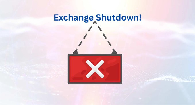 The image shows a red hanging sign with a white X and the text "Exchange Shutdown!" against a soft, light background. It visually represents the list of crypto exchanges that have closed down, such as Mt. Gox (2010–2014), FTX (2019–2022), and BitMEX (2014–2026), symbolizing the end of these platforms.
