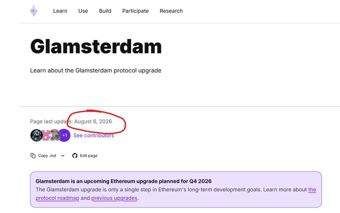 A screenshot of the Ethereum website's Glamsterdam protocol upgrade page shows a circled "Page last updated: August 6, 2026" date, confirming a silent update that pushed the upgrade timeline from Q2 to Q4 2026.