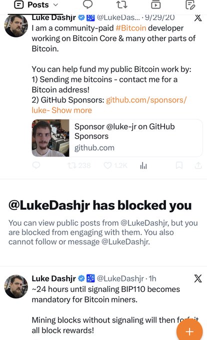 A screenshot of a Twitter/X feed showing posts by Luke Dashjr (@LukeDashjr) about Bitcoin Core development and BIP110 mining signaling, with a notice that the user has been blocked.