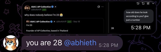 A screenshot of a social media conversation where user @abhieth asks about age, and the response reveals the person (Abhi, founder of AP Collective based in Thailand) is 28.