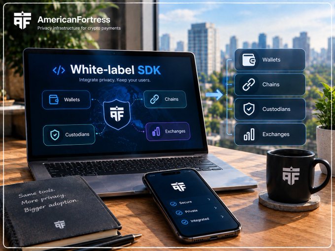 A promotional image for 'AmericanFortress' featuring a 'White-label SDK' displayed on a laptop, highlighting features for Wallets, Chains, Custodians, and Exchanges, alongside a branded mug and phone.
