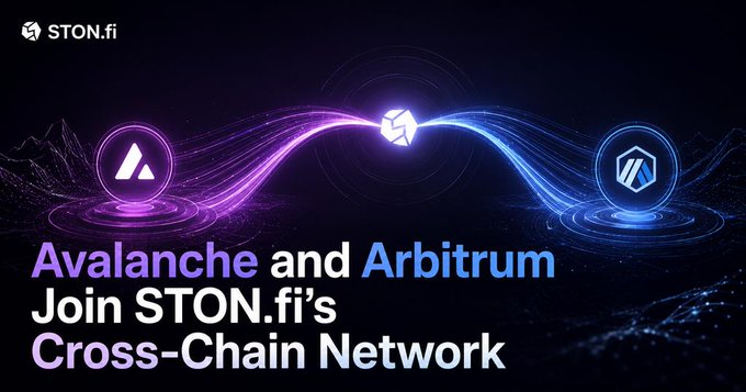 STON.fi promotional banner announcing that Avalanche and Arbitrum are joining its Cross-Chain Network, featuring the logos of both blockchains connected by flowing light.