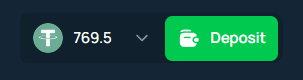 A crypto wallet display showing a balance of 769.5 Tether (USDT) alongside a green "Deposit" button, humorously suggesting the user could gamble their crypto holdings instead of deciding what to play.