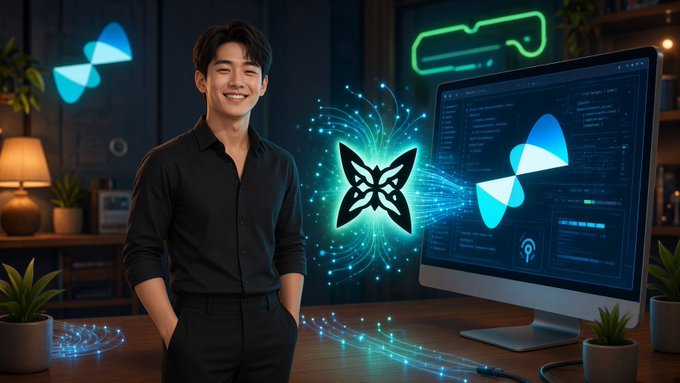 A smiling man in a black shirt stands beside a computer monitor displaying code, with glowing butterfly and abstract icons floating in the air.
