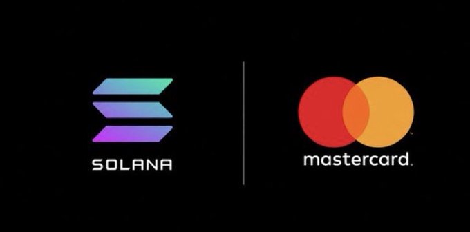 The image features a black background with two logos side by side - one representing Mastercard and the other representing Solana, both of which are cryptocurrency companies. The Mastercard logo has a red circle with an orange border, while the Solana logo is a purple triangle with a blue border. Both logos have the word "Mastercard" written in white text below them. Additionally, there's a caption that reads: "BREAKING: @Mastercard expands stablecoin settlement to @Solana ." This suggests that Mastercard has decided to expand its stablecoin settlement to include Solana as well. The image also includes some text about the value of the stablecoins and their potential use in the future, with a focus on the $USDC, $PYUSD, $RLUSD, and SoFiUSD tokens.