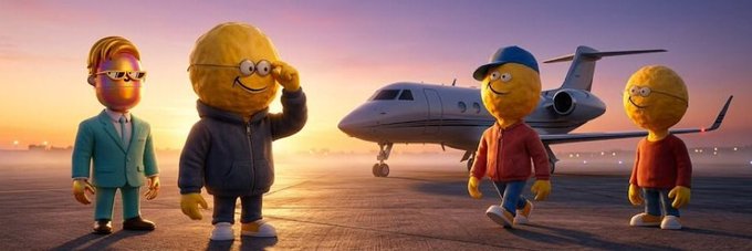 A 3D animated scene featuring anthropomorphic yellow blob-like characters and a blonde man with glasses on an airport tarmac with a private jet in the background at sunset.