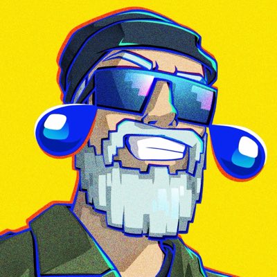 A stylized pixel-art portrait of a smiling man with a white beard, wearing a beanie, futuristic sunglasses, and blue earpods against a bright yellow background.
