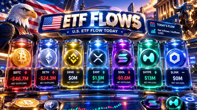 Colorful “ETF FLOWS — U.S. ETF FLOW TODAY” graphic listing tickers BTC, SETH, BNB, XRP, SOL, HYPE, and SLNK with net inflow or outflow amounts.
