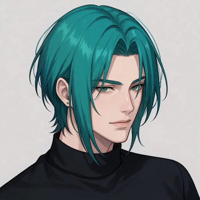 A digital anime-style portrait of a character with shaggy teal hair and a black turtleneck, gazing sideways.