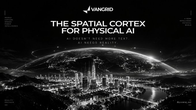 A Vangrid promotional image displaying 'THE SPATIAL CORTEX FOR PHYSICAL AI' with the tagline 'AI DOESN'T NEED MORE TEXT. AI NEEDS REALITY' above a glowing futuristic cityscape on the horizon.