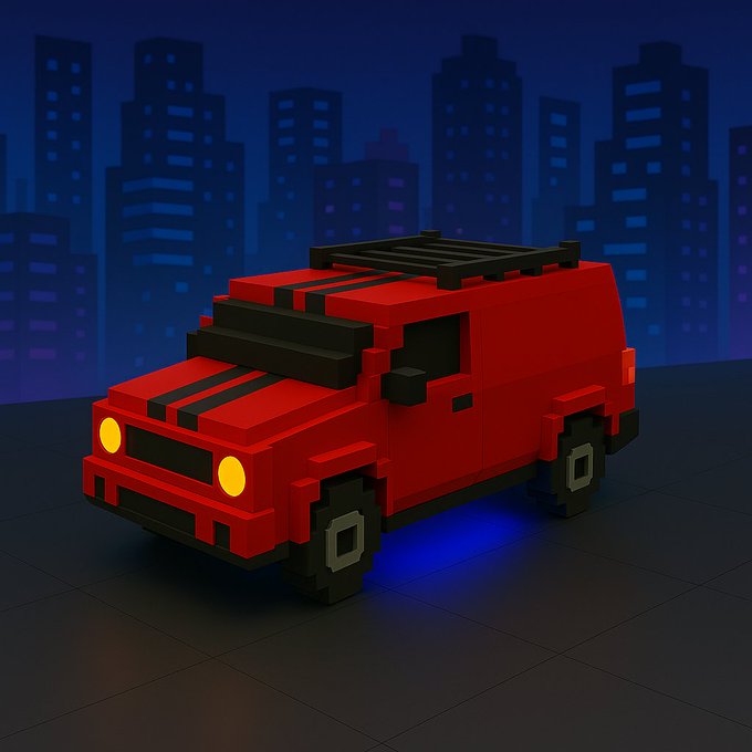 A 3D voxel-style render of a red van with black racing stripes and glowing yellow headlights, parked in a dark city setting with blue underglow.
