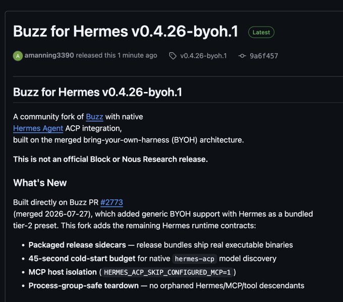 GitHub release page for "Buzz for Hermes v0.4.26-byoh.1" by amanning3390, describing a community fork of Buzz with native Hermes Agent ACP integration built on the bring-your-own-harness architecture.