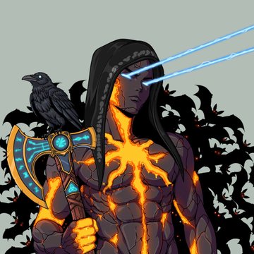 Digital artwork of a hooded figure with glowing orange magma-like cracks on their body, holding a sword with a raven perched on their shoulder.