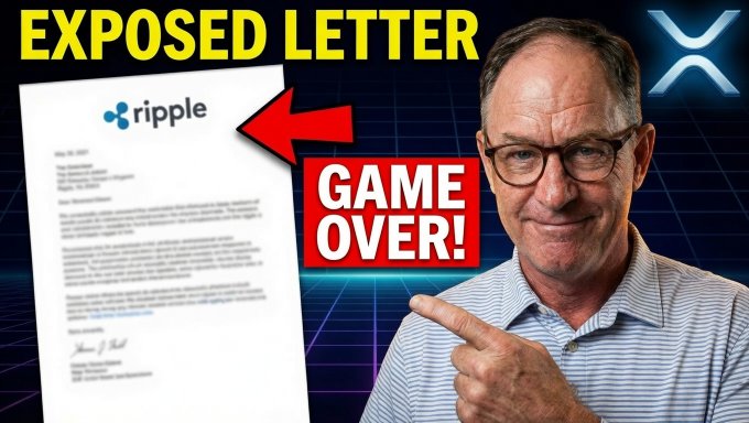 The image features a man wearing glasses, pointing at a letter that says "Exposed Letter" with an exclamation mark above it. The letter appears to be from Ripple, which has been exposed by someone who wants to share its contents with others. The man is standing in front of the letter and seems to be excited about the exposure.