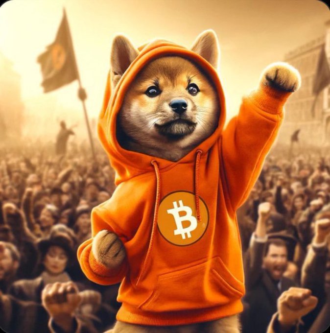 A Shiba Inu dog wearing an orange hoodie with the Bitcoin logo on it raises its fist in front of a crowd of people at what appears to be a rally or protest.
