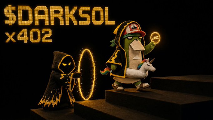 A penguin mascot wearing a cap and hoodie holds a glowing "$402" token next to a hooded figure conjuring a golden portal, beneath pixelated text reading "$DARKSOL x402." The image visually celebrates the milestone mentioned in the post, symbolizing how DARKSOL's builder ("meta_captain_") has been quietly shipping and reaching significant milestones like 900+ downloads while making "less noise."