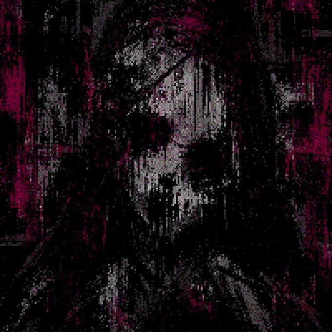 A heavily pixelated, dark abstract image dominated by black with distorted glitch-like vertical streaks of dark pink/magenta and gray.