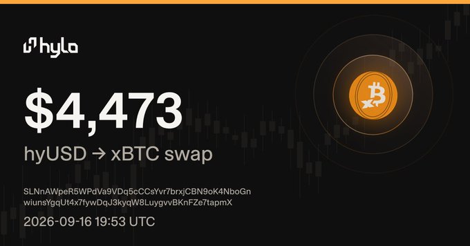 A Hyla cryptocurrency swap notification showing $4,473 for a hyUSD → xBTC swap with transaction hash and timestamp 2026-09-16 19:53 UTC.