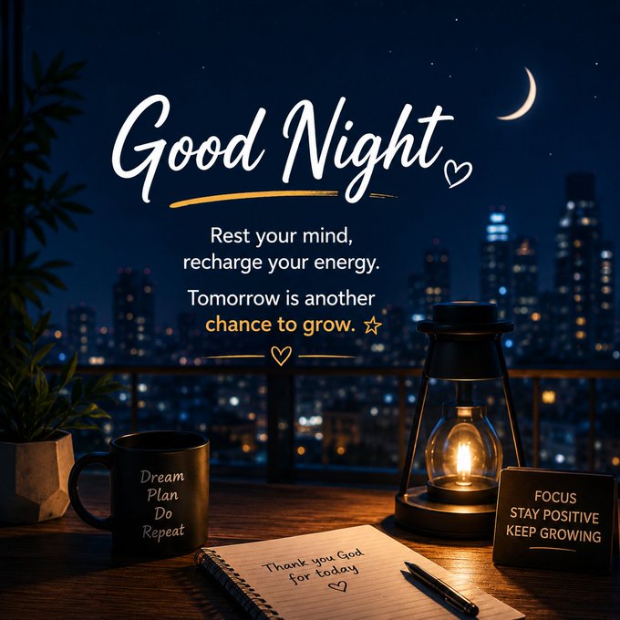 A 'Good Night' themed graphic with the text 'Rest your mind, recharge your energy. Tomorrow is another chance to grow,' set against a night cityscape with a lantern, a 'Dream Plan Do Repeat' mug, and 'FOCUS STAY POSITIVE KEEP GROWING' sign.