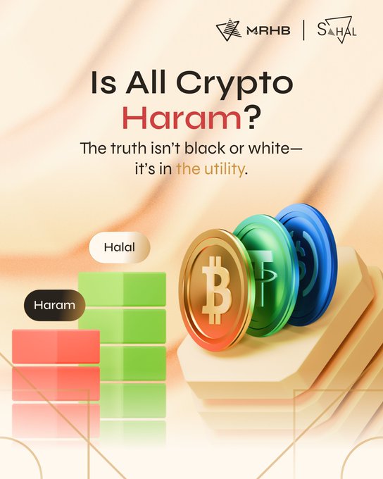 An advertisement from MRHB and Sahal asks "Is All Crypto Haram?" with the tagline "The truth isn't black or white— it's in the utility," featuring Bitcoin, Ethereum, and other crypto coins alongside Halal and Haram bar chart labels.