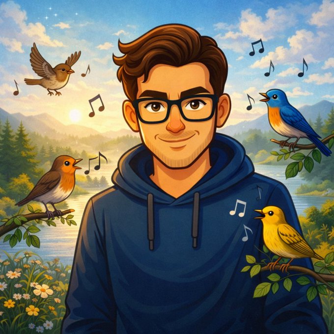 A stylized illustration of a young man with glasses wearing a blue hoodie, surrounded by singing birds and musical notes in a peaceful outdoor setting with mountains and a lake.
