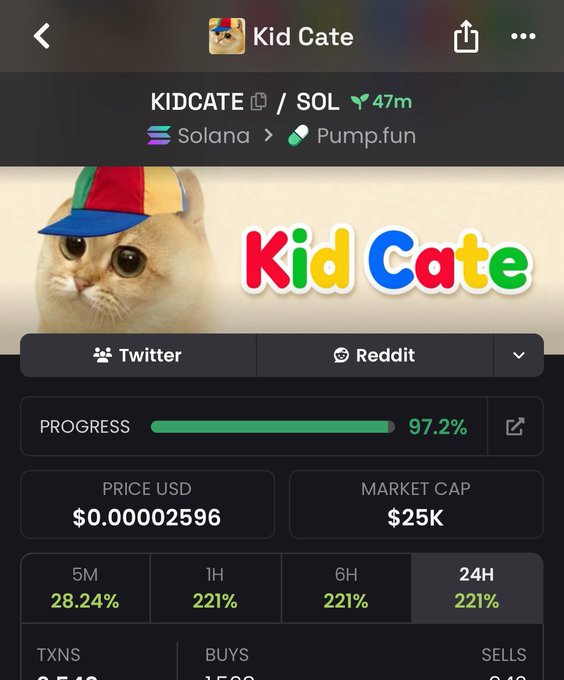 A screenshot of the 'Kid Cate' meme coin (KIDCATE) on the Solana blockchain via Pump.fun, showing a 97.2% bonding curve progress, a price of $0.00002596, a $25K market cap, and 221% gains across various timeframes.