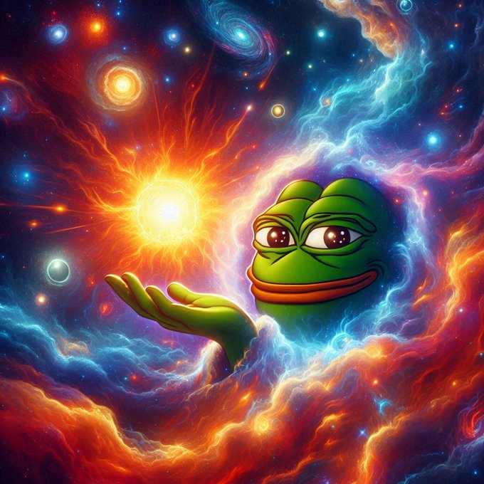 A cosmic illustration of a sad Pepe the Frog reaching toward a glowing sun in a vibrant space scene filled with colorful nebulas, stars, and galaxies.