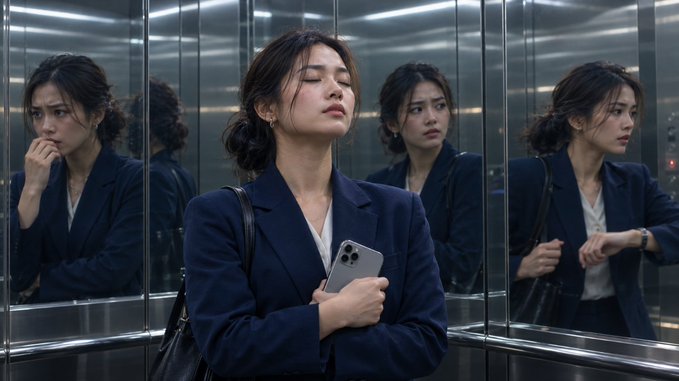 Asian woman in a navy blue blazer holding a smartphone with closed eyes, surrounded by her multiple reflections in mirrored elevator walls, creating a contemplative scene.