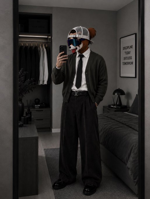 A person in a dark monochromatic outfit with white shirt and black tie takes a mirror selfie in a bedroom; a framed poster reads 'DISCIPLINE TODAY SUCCESS TOMORROW'.