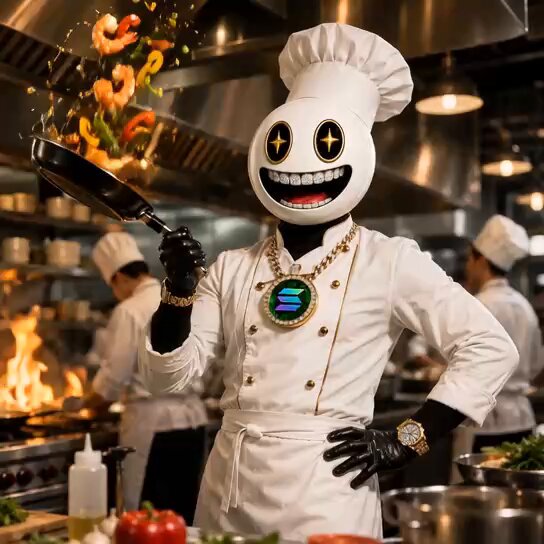 The image features a chef dressed as a character from a video game, wearing a white chef's hat and coat while holding a frying pan over a stove top. The kitchen appears to be busy with other chefs working around him, creating an atmosphere of camaraderie and teamwork. In the background, there are various cooking utensils such as spoons and bowls, indicating that they are in the midst of preparing food for their customers or guests.