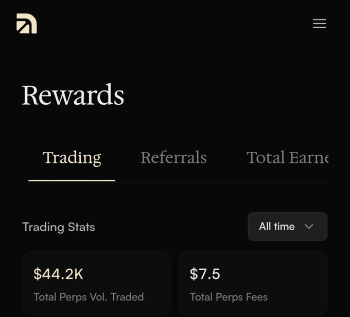 Screenshot of a dark-themed Rewards page showing a "Trading" tab with Trading Stats including "$44.2K Total Perps Vol. Traded" and "$7.5 Total Perps Fees."