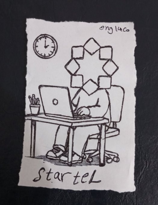 A hand-drawn ink sketch on torn paper showing a person sitting at a desk with a laptop, with geometric shapes obscuring their face; text reads 'eng14co' and 'started'.