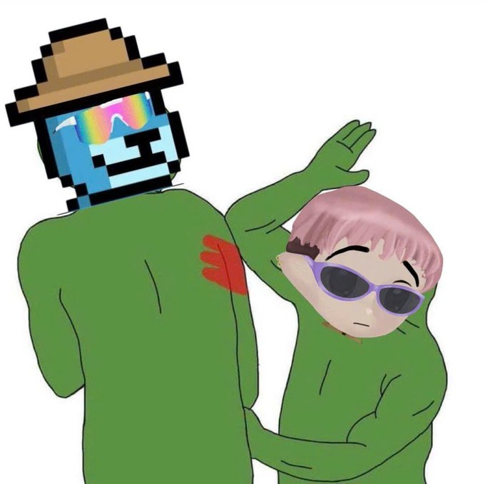 Meme image featuring a blue Minecraft-style character with rainbow glasses and a brown hat standing next to a cartoon figure with pink hair, sunglasses, and a green body, with the pink-haired figure holding a red hand against the other's chest.