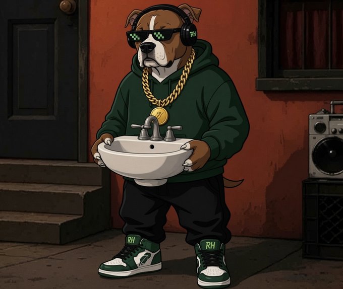 A tough-looking bulldog in sunglasses, headphones, a green hoodie, gold chain, and sneakers stands outside holding a sink, with “RH” visible on the headphones and shoes. It matches “Just getting started” as a playful symbol of taking the first step—possibly beginning with a fresh setup or DIY project.