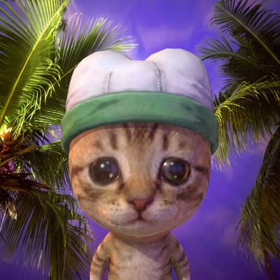 A 3D animated, cartoonish cat character with oversized eyes wearing a white and green beanie stands against a tropical background with palm trees and a purple sky.