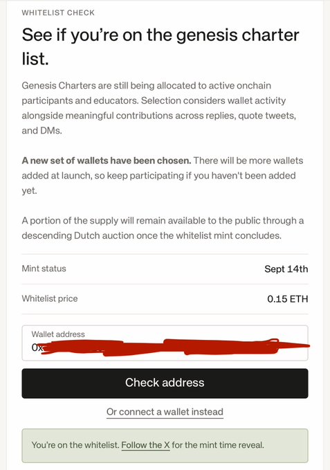 The image shows a "Whitelist Check" page confirming that a wallet address (starting with 0x, partially redacted) is on the genesis charter list, with a whitelist mint price of 0.15 ETH scheduled for Sept 14th. This relates to the post as the user has exactly 0.15 ETH prepared for the whitelist mint price.