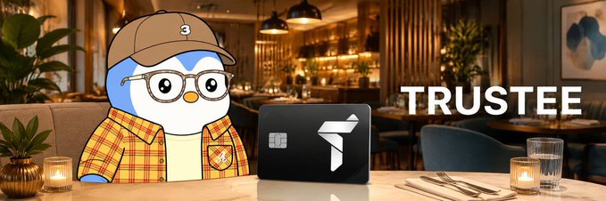 A cartoon penguin character wearing glasses, a cap, and a plaid shirt sitting at a table with a laptop, with the word 'TRUSTEE' displayed on the right.