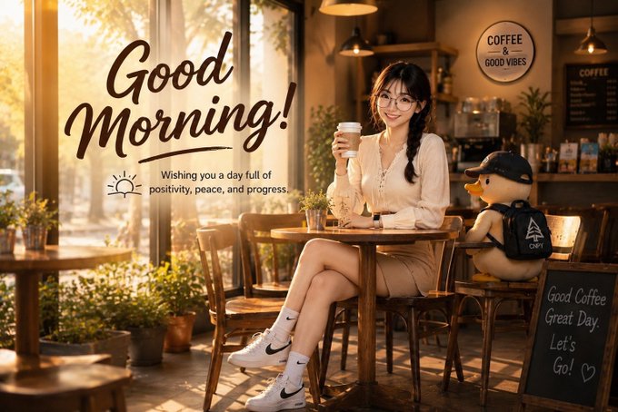A 'Good Morning!' greeting image featuring an Asian woman with glasses holding coffee in a cafe setting, with text reading 'Wishing you a day full of positivity, peace, and progress.'