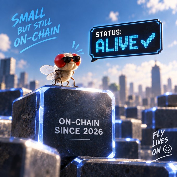 A cartoon fly wearing sunglasses stands on a glowing cube labeled 'ON-CHAIN SINCE 2026' against a city skyline, with a speech bubble reading 'STATUS: ALIVE ✓' and text stating 'SMALL BUT STILL ON-CHAIN' and 'FLY LIVES ON ☺'.