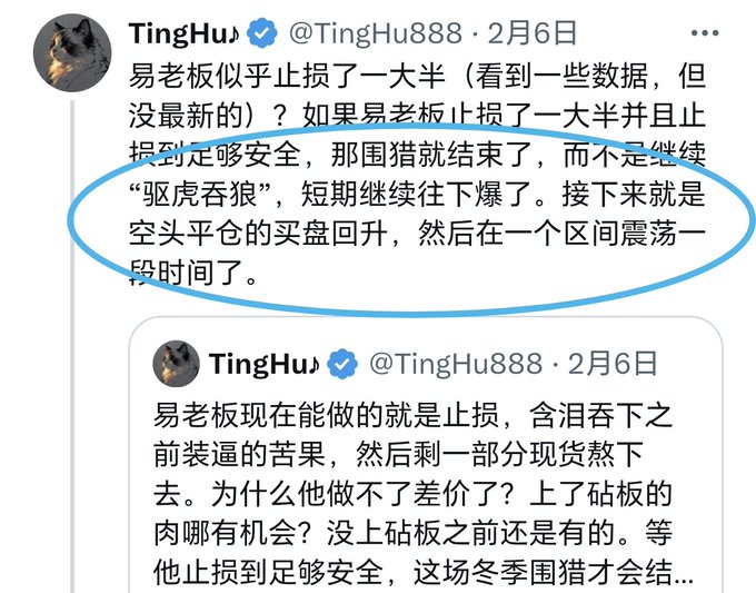 Screenshot of Chinese tweets from user @TingHu888 discussing trading strategies, mentioning stop-losses and short squeezes, with a circled section about '驱虎吞狼' and short covering rebounds.