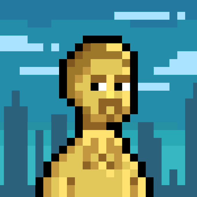 A pixel art illustration of a person with brown hair and skin, depicted from the chest up against a blue background with stylized clouds and a cityscape silhouette.