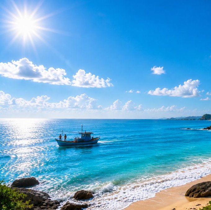 A scenic view of a small white and blue fishing boat floating in vibrant turquoise ocean waters under a bright, sunny sky, with sandy beach and rocks visible in the foreground.