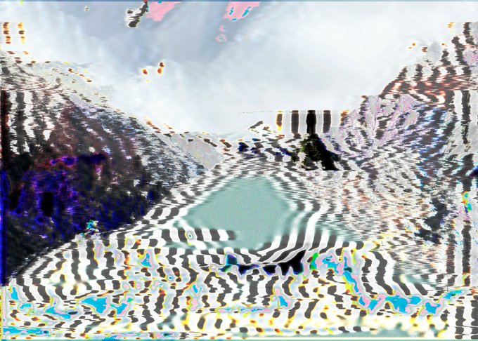 A heavily glitched, distorted digital landscape with wavy black and white striped patterns, fragmented colors, and a cloudy sky in the background.