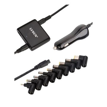 A product image of an LVSUN universal laptop power adapter with multiple interchangeable DC tips and a car charger attachment.