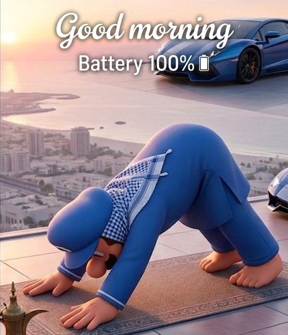 A 3D-rendered blue humanoid figure does yoga on a rooftop overlooking a coastal city, with text reading 'Good morning Battery 100%' alongside a sports car.
