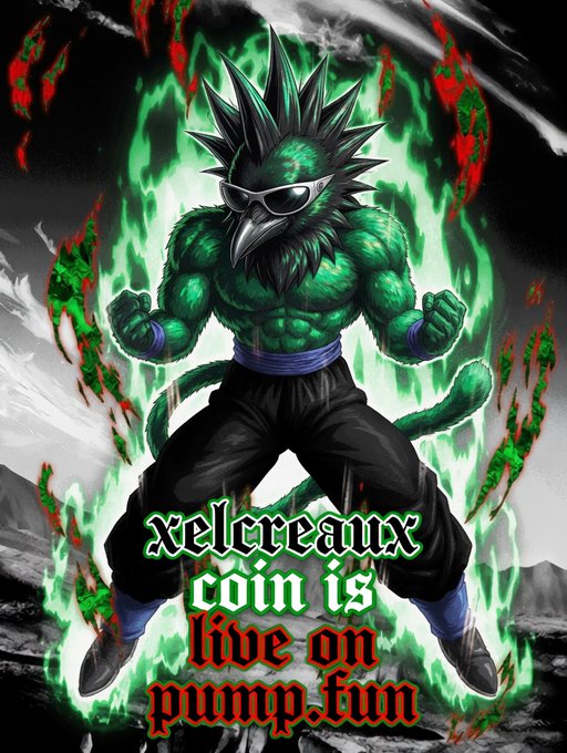 A muscular, green-feathered anthropomorphic bird with spiky hair and sunglasses flexes its biceps while surrounded by green flames, with the text "xelcreaux coin is live on pump.fun" overlaid in gothic-style lettering. The image visually embodies the post's announcement that the XELCREAUX ($XCZ) token is officially live on pump.fun, using the fierce bird mascot to represent the project's launch and rallying cry to "join the flock."